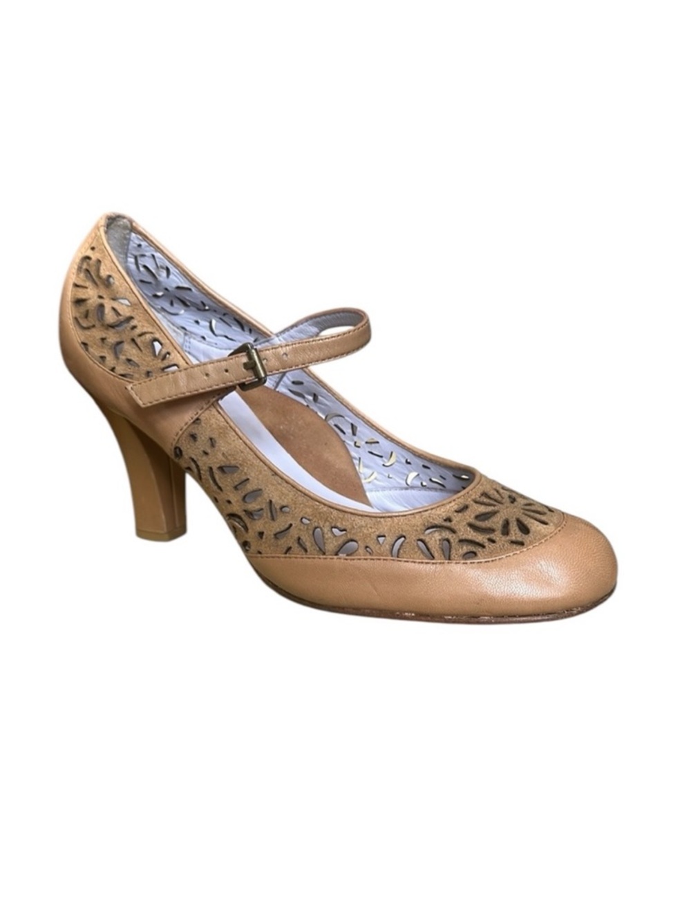 Taryn Rose Mary Jane Laser-Cut Tan Leather Heels Pumps Shoes Women's Size 9